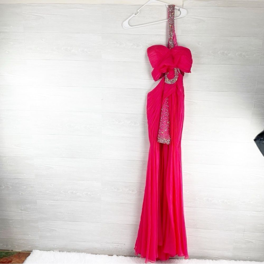 Cassandra Stone Mac Duggal Beaded One Strap HighLow Chiffon Cut Out Formal Dress